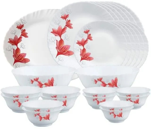 Larah by Borosil Ruby Opalware Dinner Set, 27 Pcs, White