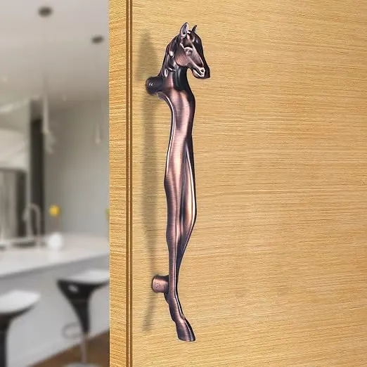 BonKaso 327 Aluminum Premium Horse Shape Push Pull Door Handle for Glass & Wooden Door - Antique Copper, Matt Finish (Set of 1, 12 Inch)