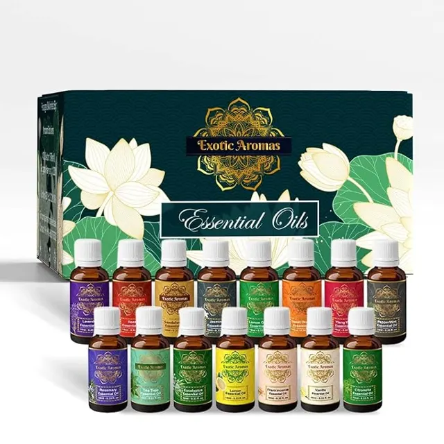 Exotic Aromas Essential Oil Pack of 15 Lavender Rose Sandalwood Jasmine Orange Rosemary Lemongrass Y