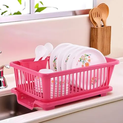 Kuber Industries Plastic Sink Dish Drainer Rack | 3 in 1 Large Durable Drainer Drying Rack Washing B