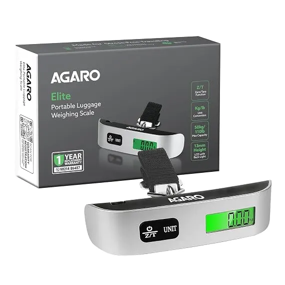 AGARO Elite Portable Luggage Weighing Scale Upto 50 Kg Capacity, Zero/Tare Functions with LCD Backli