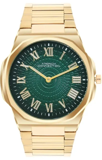 French Connection Textured Green Round Dial with Gold Stainless Steel Strap Watch for Mens - FCN0125