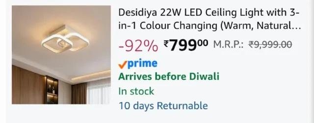 Desidiya 22W LED Ceiling Light with 3-in-1 Colour Changing (Warm, Natural & Cool White), – Regular P