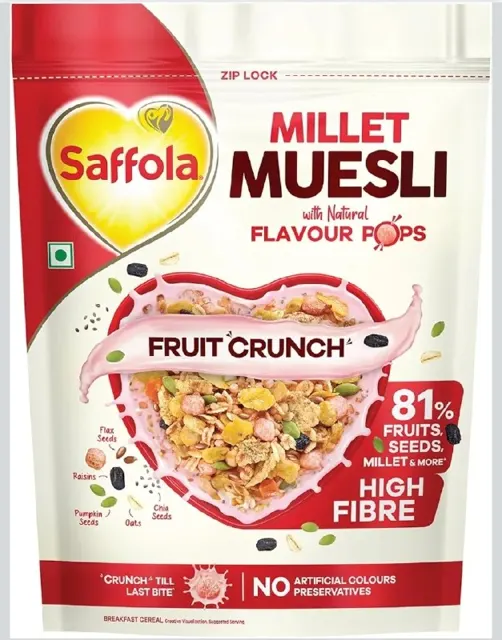 Saffola Millet Muesli with Crunchy Flavour Pops & High Fibre | 650g | Fruit Crunch | 81% – Apply Cou