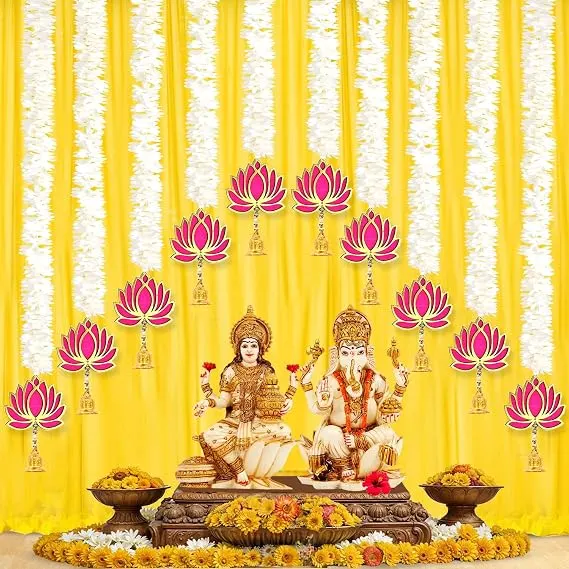 BENAVJI Presents Handmade Artificial Jasmin Mogra Garland String with MDF Lotus in Bell Style for Ho